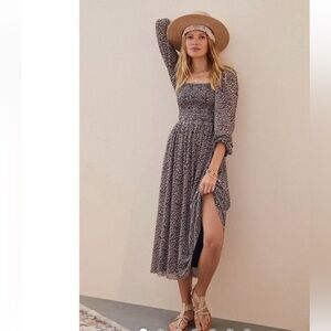 Dolan x Anthropologie Leopard Print Smocked Long Sleeve Dress Midi Medium